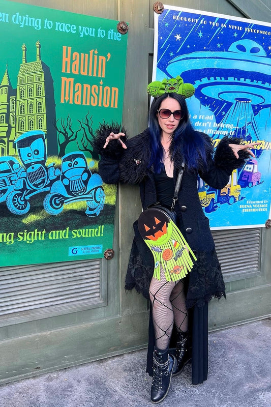 Mini Pumpkin Barf Bag - Faux-Leather Jack-o’-Lantern Fringe Purse with Neon Green “Pumpkin Guts” (Trick-or-Treat Gone Wrong Edition)