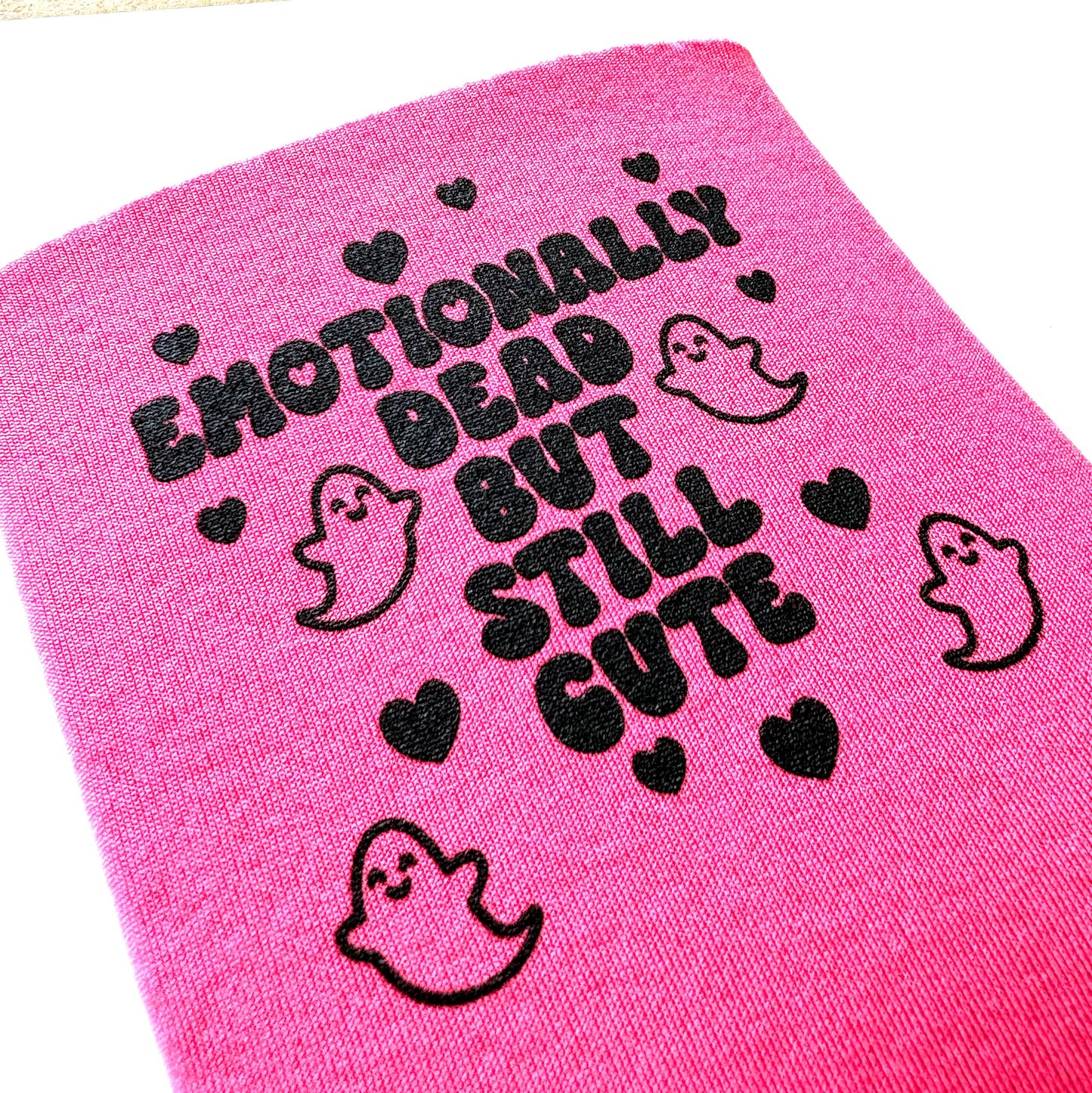 "Emotionally Dead But Still Cute" Pink Neoprene Can Holder (Krystan Saint Cat)