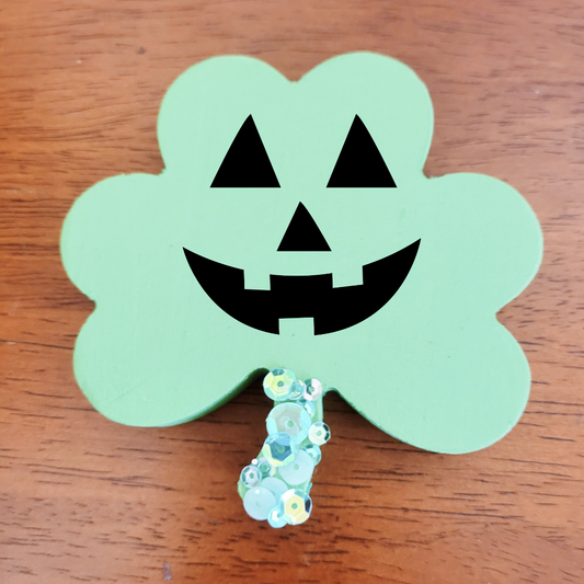 Spooky Chunky Wood Shamrock Jack-o-Lantern - Spooky St Patrick's Day Decor