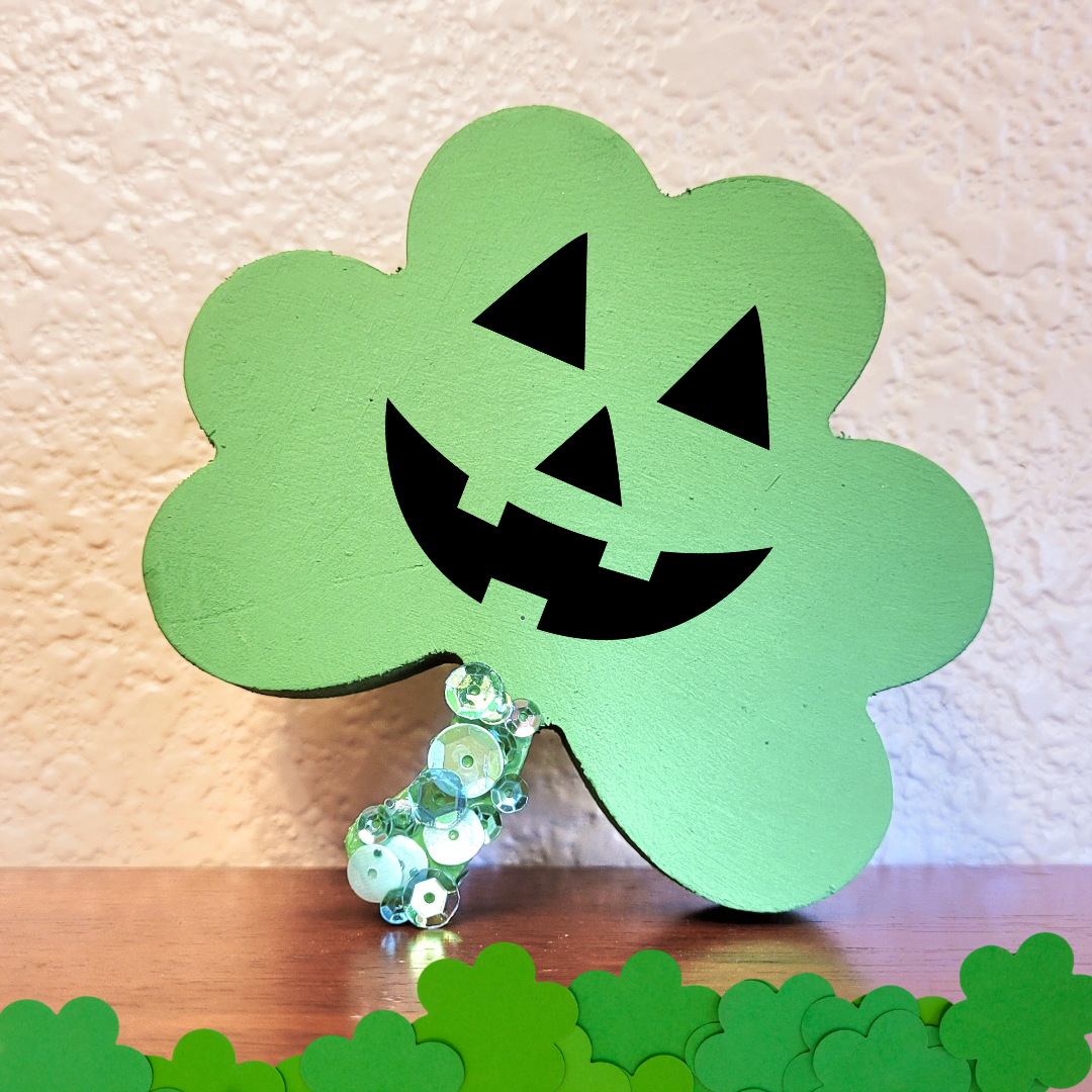 Handmade Spooky Chunky Wood Shamrock Jack-o-Lantern - Spooky St Patrick's Day Decor