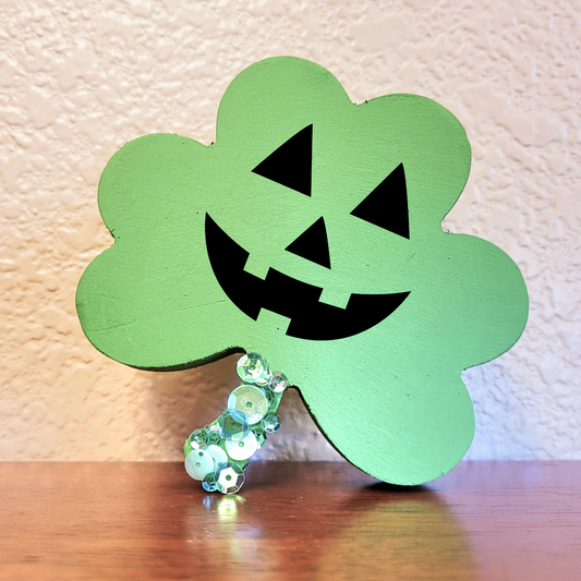 Handmade Spooky Chunky Wood Shamrock Jack-o-Lantern - Spooky St Patrick's Day Decor