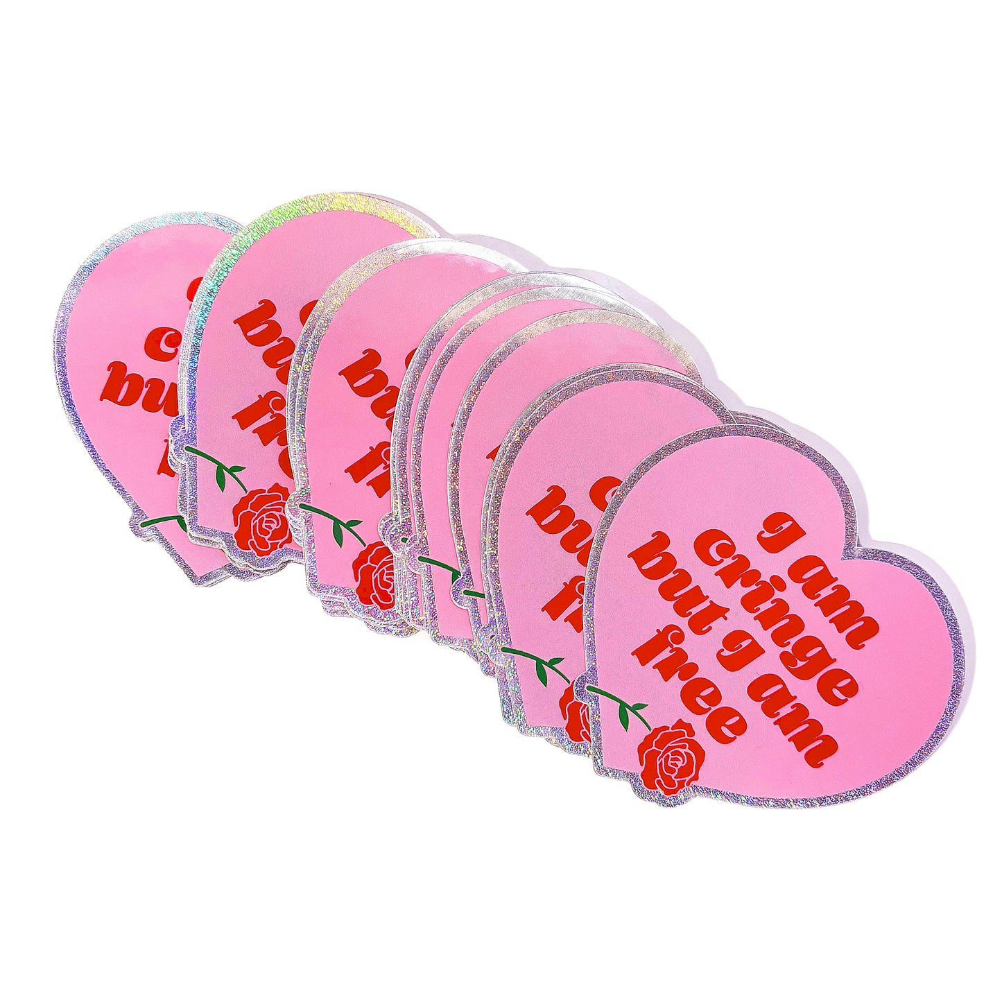 "I Am Cringe But I Am Free" Heart Shaped Glitter Sticker (Krystan Saint Cat)