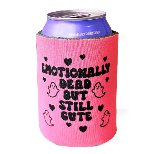 "Emotionally Dead But Still Cute" Pink Neoprene Can Holder (Krystan Saint Cat)