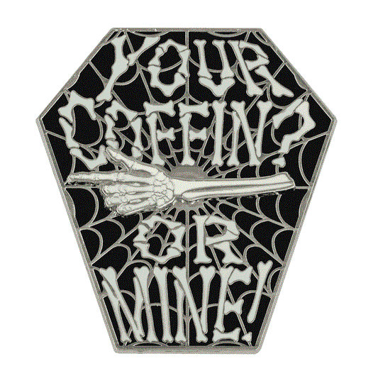 "Your Coffin or Mine" Coffin Spinning Skeleton Enamel Pin