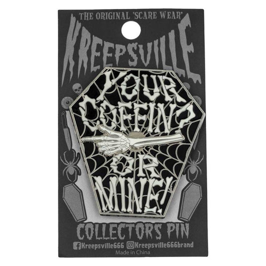 "Your Coffin or Mine" Coffin Spinning Skeleton Enamel Pin
