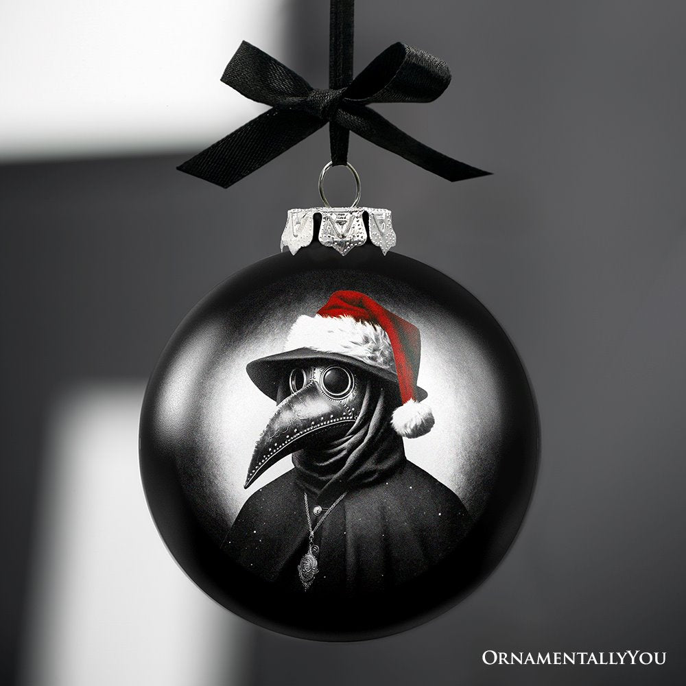 Plague Doctor Christmas Spooky Portrait Glass Ornament, Black Horror Halloween Tree Decoration