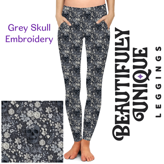 Grey Skull Embroidery Leggings
