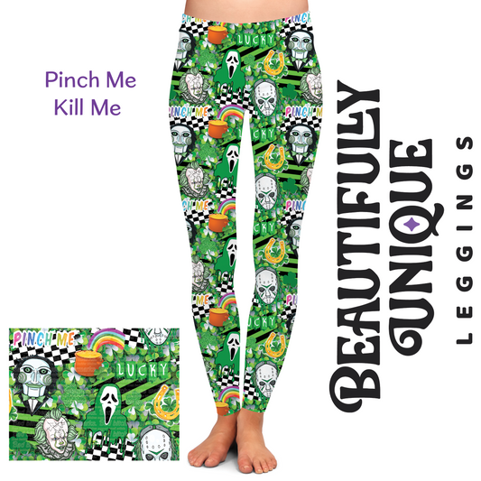 Pinch Me Kill Me (Semi-Exclusive) - Horror Jigsaw Ghostface Pennywise Jason St Patrick's Day High-quality Handcrafted Vibrant Leggings