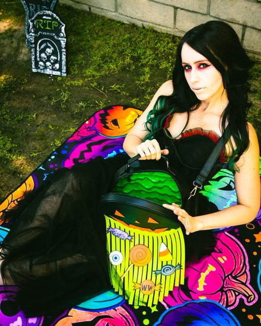 Mini Pumpkin Barf Bag - Faux-Leather Jack-o’-Lantern Fringe Purse with Neon Green “Pumpkin Guts” (Trick-or-Treat Gone Wrong Edition)