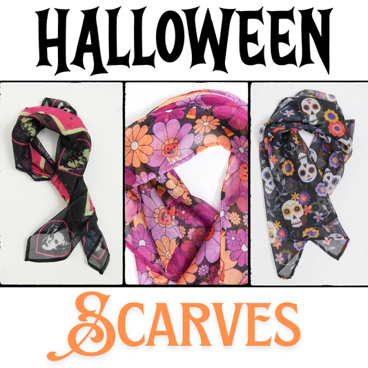Halloween Printed Hair Scarves - Universal Monsters, Floral Pumpkins, Day of The Dead (Unique Vintage)