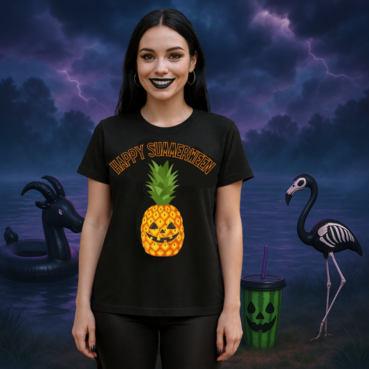 "Happy Summerween" Black And Orange Jack-O-Lantern Pineapple Tee - Unisex Shirt