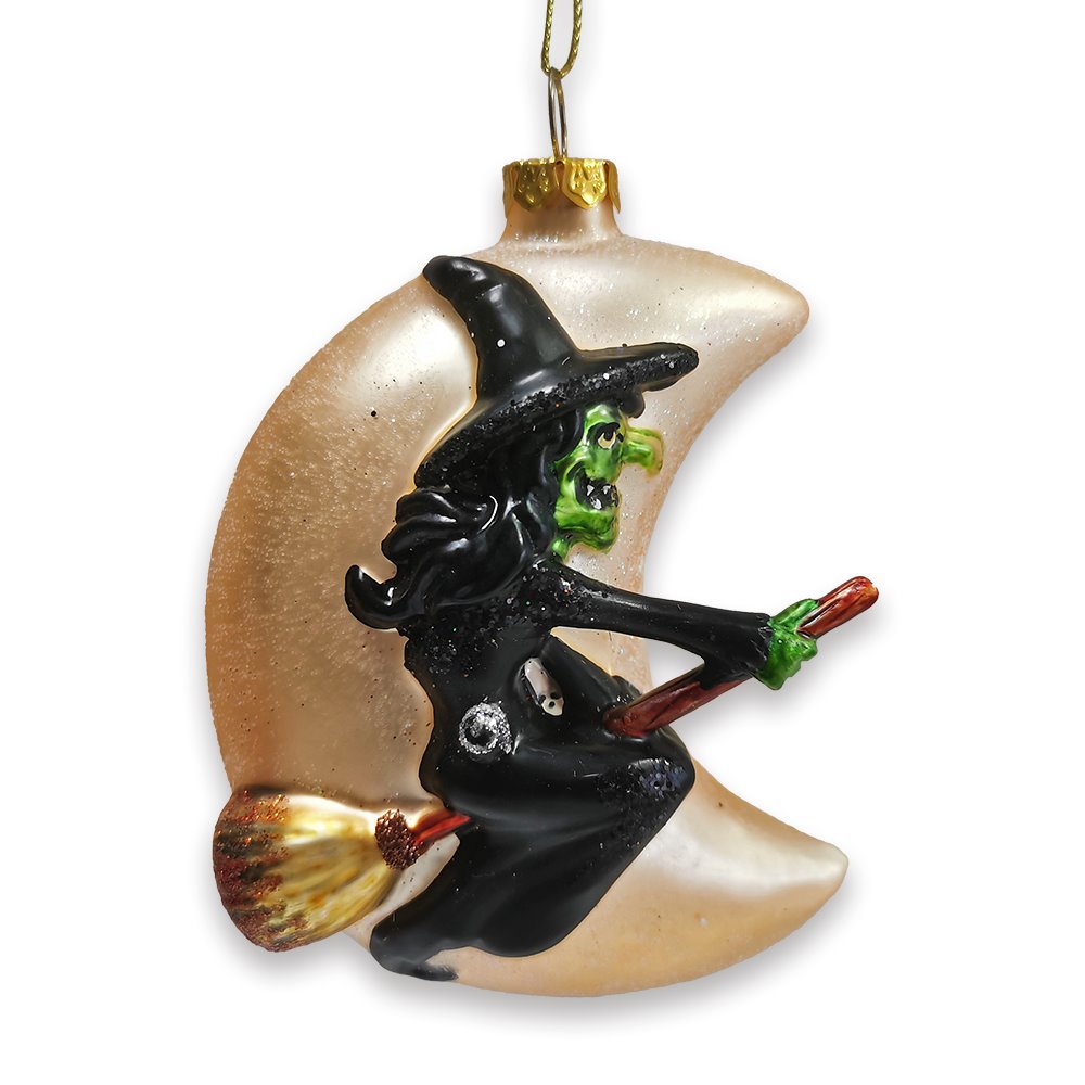 Wicked Witch and Crescent Moon Glass Christmas Ornament, Spooky Halloween Gift