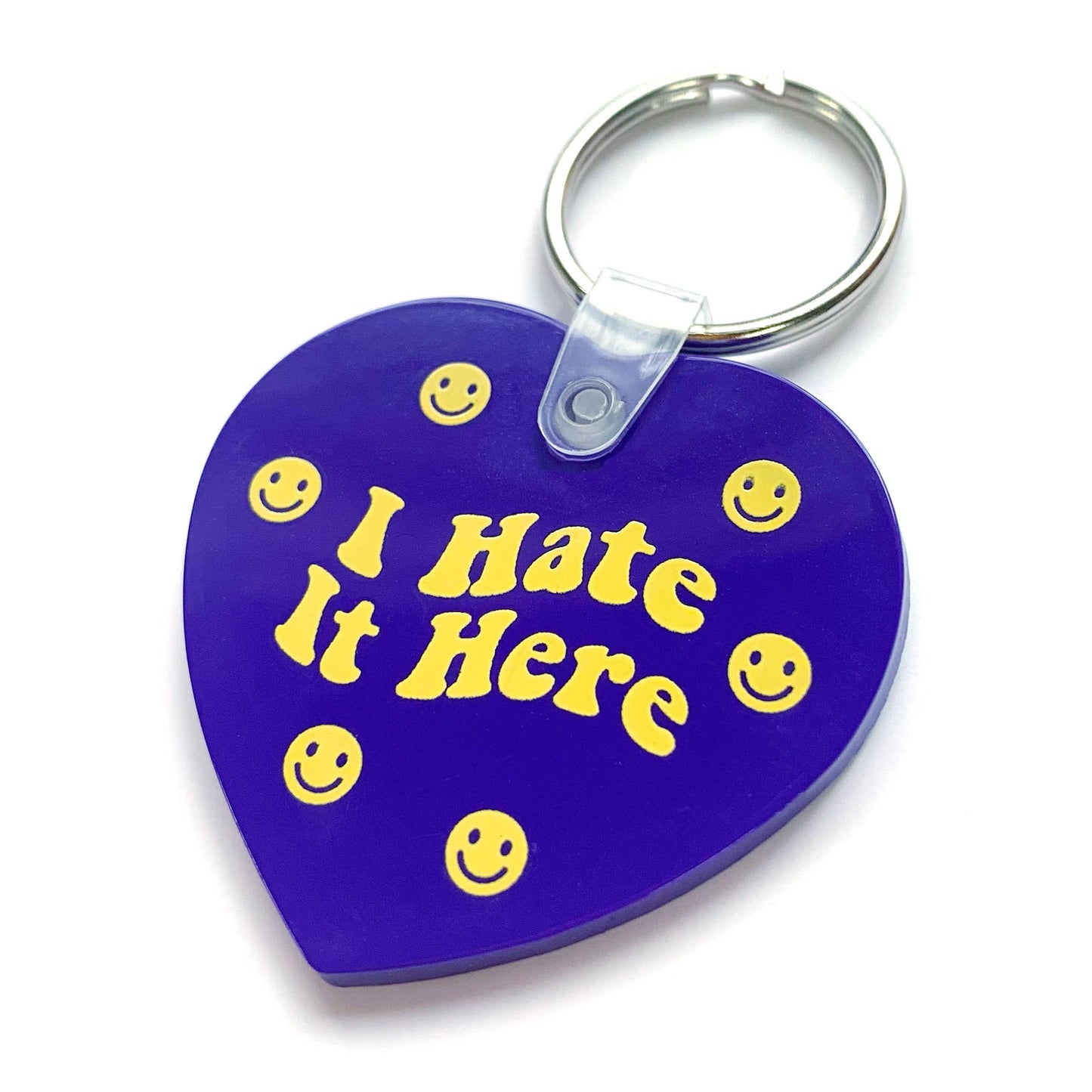 "I Hate It Here" Purple Happy Face Heart Shaped Vinyl Keychain (Krystan Saint Cat)