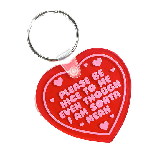 "Please Be Nice To Me" Heart Shaped Vinyl Keychain (Krystan Saint Cat)