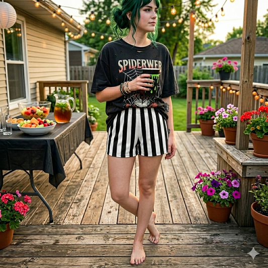 Beetlejuice Stripes - Women's Black and White Striped Athletic Lounge Shorts
