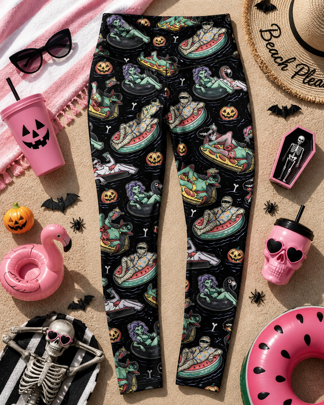 Pool Ghouls Leggings - High-quality Handcrafted Vibrant Summer Spooky