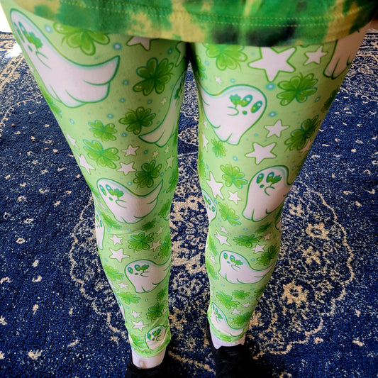 St Pat Ghosts (Semi-Exclusive) - Cartoon Shamrock St Patrick's Day Green High-quality Handcrafted Vibrant Leggings
