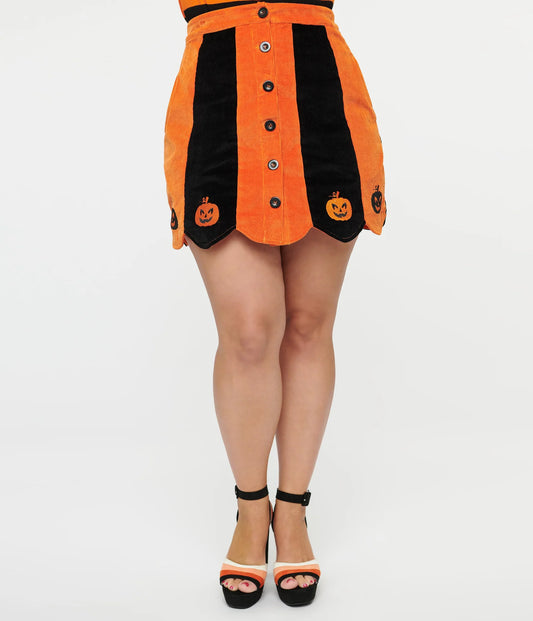 Smak Parlour 1960s Orange & Black Pumpkin Scallop Corduroy Denim Mini Skirt
