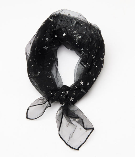 CLEARANCE Black & Silver Star Print Hair Scarf (Unique Vintage)