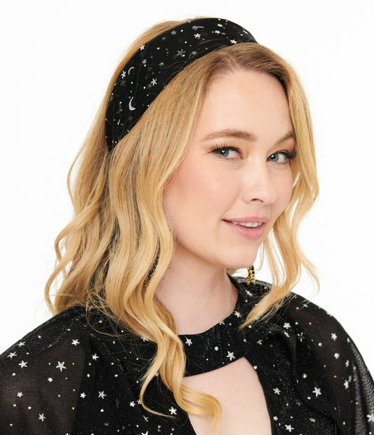 Black & Silver Star Print Hair Scarf (Unique Vintage)