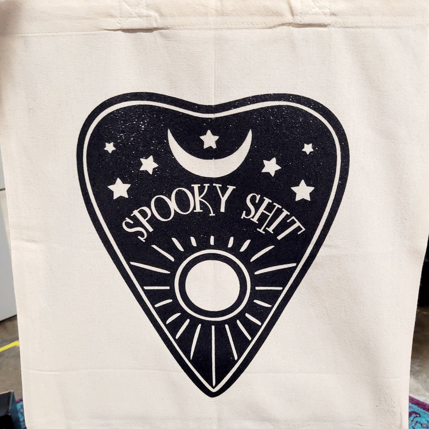 "Spooky Shit" Black Glitter Planchette - Ivory Canvas Tote Bag