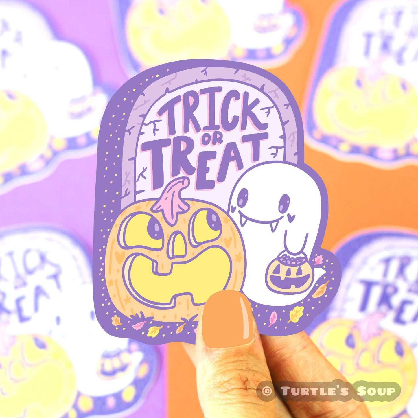 "Trick or Treat" Pumpkin and Ghost Tombstone Halloween Vinyl Sticker (Turtle's Soup)
