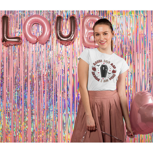 "Roses Are Red, Inside I'm Dead" Red And Pink Hearts And Bats Coffin Tee - Unisex Shirt