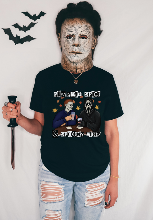 "Pumpkin Spice & Spooky Vibes" Horror Movie Tee - Unisex Shirt