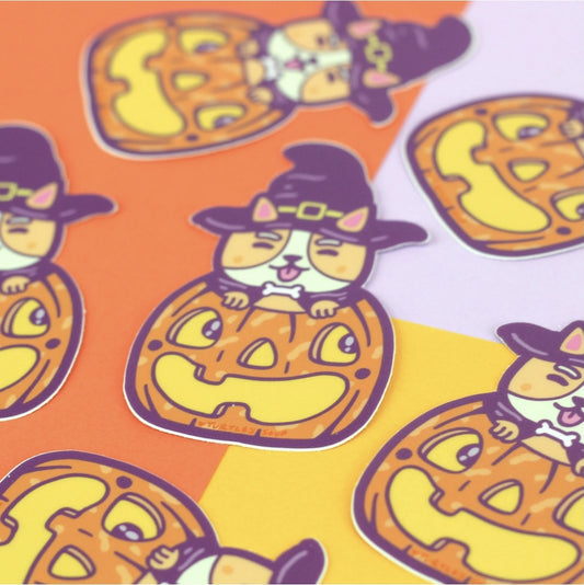 Pumpkin Witch Corgi Puppy Vinyl Sticker (Turtle's Soup)