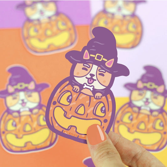 Pumpkin Witch Corgi Puppy Vinyl Sticker (Turtle's Soup)