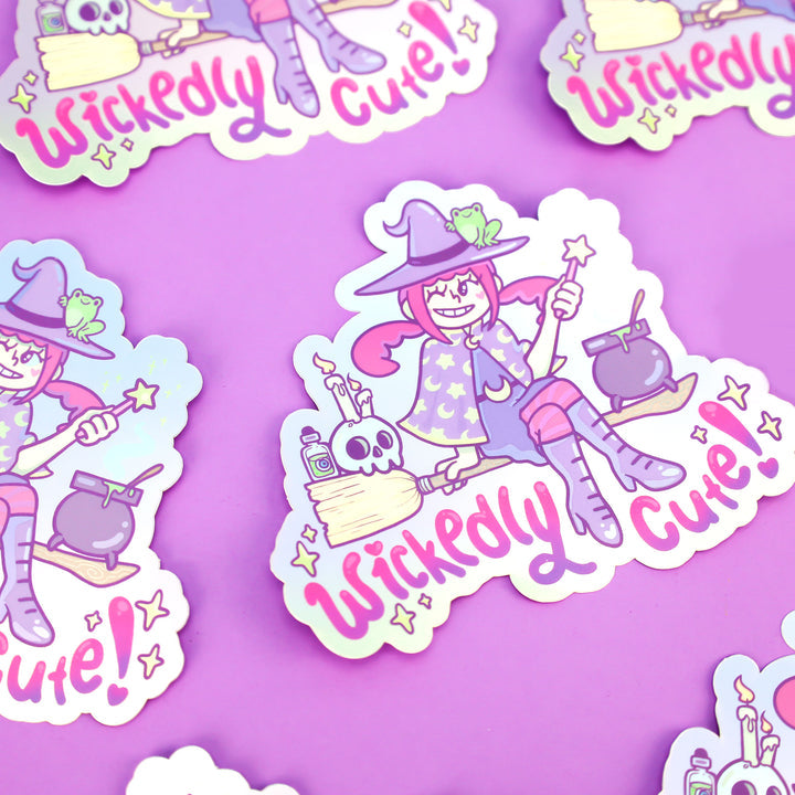 "Wickedly Cute" Witch Pastel Girl Halloween Holographic Vinyl Sticker (Turtle's Soup)