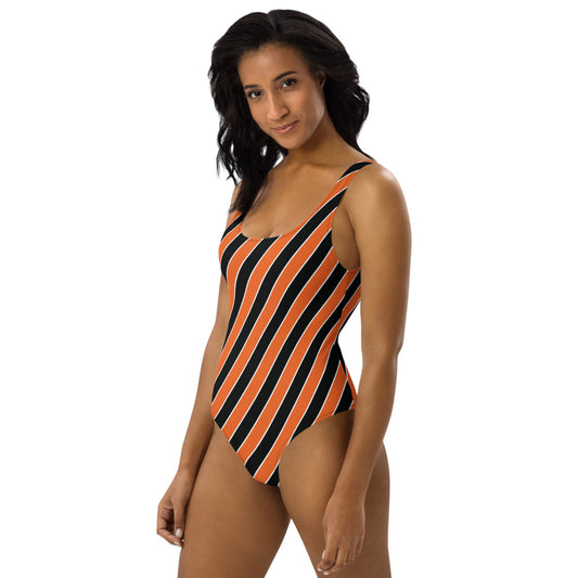 Women's Halloween Orange and Black Stripes One-Piece Swimsuit