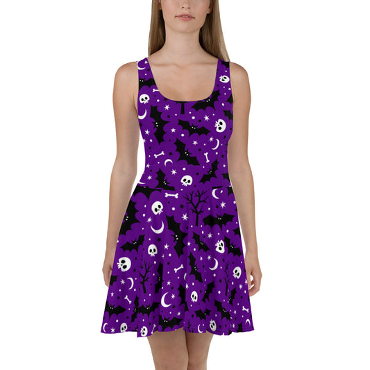 Purple Halloween Night Skulls And Bats - Women's Skater Dress