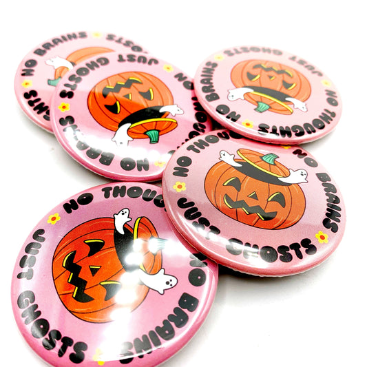 "No Thoughts No Brains Just Ghosts" Jack O' Lantern - Pinback Button (Krystan Saint Cat)