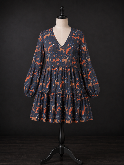 Pre-Order: Autumn Critters - Ophelia Long Sleeve Flowy V-Neck Midi Dress