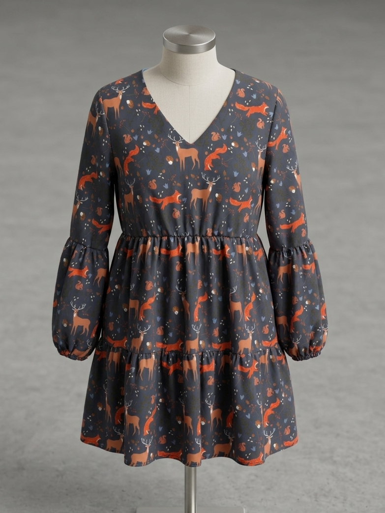 Pre-Order: Autumn Critters - Ophelia Long Sleeve Flowy V-Neck Midi Dress
