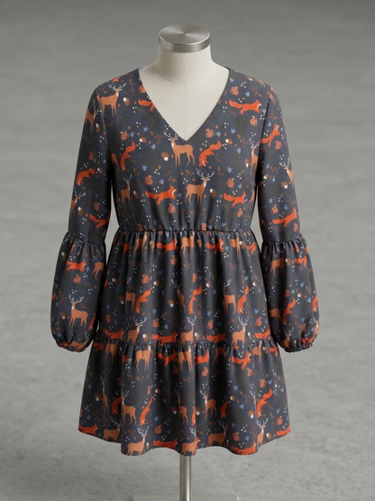 Pre-Order: Autumn Critters - Ophelia Long Sleeve Flowy V-Neck Midi Dress