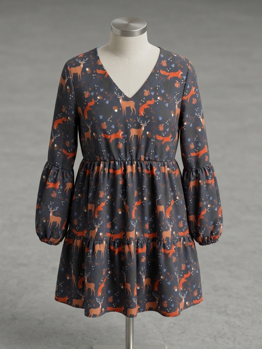 Pre-Order: Autumn Critters - Ophelia Long Sleeve Flowy V-Neck Midi Dress
