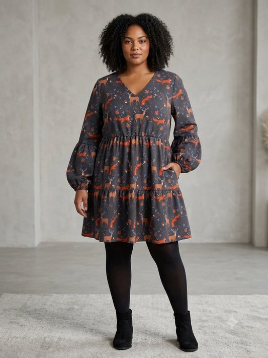 Pre-Order: Autumn Critters - Ophelia Long Sleeve Flowy V-Neck Midi Dress