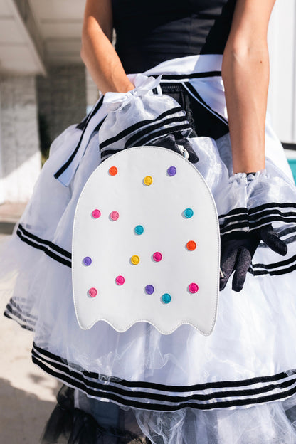 Circus Cookie Ghost Convertible Bag - White Vegan Leather Ghost Purse with Rainbow Sprinkles (Spooky Nostalgia Edition)