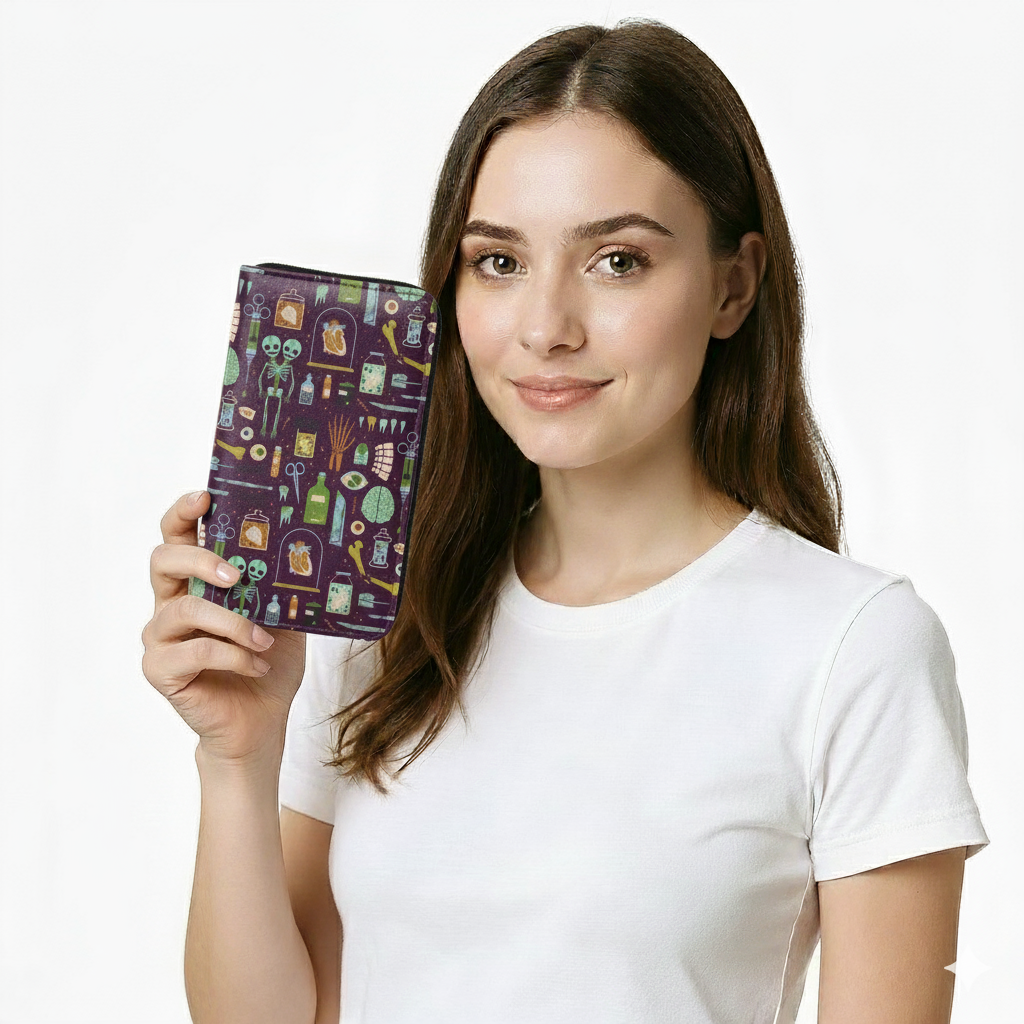 Oddities Gothic Wallet with Wristlet, Spooky Curiosities Wallet, Alternative Book Style Vinyl Wallet