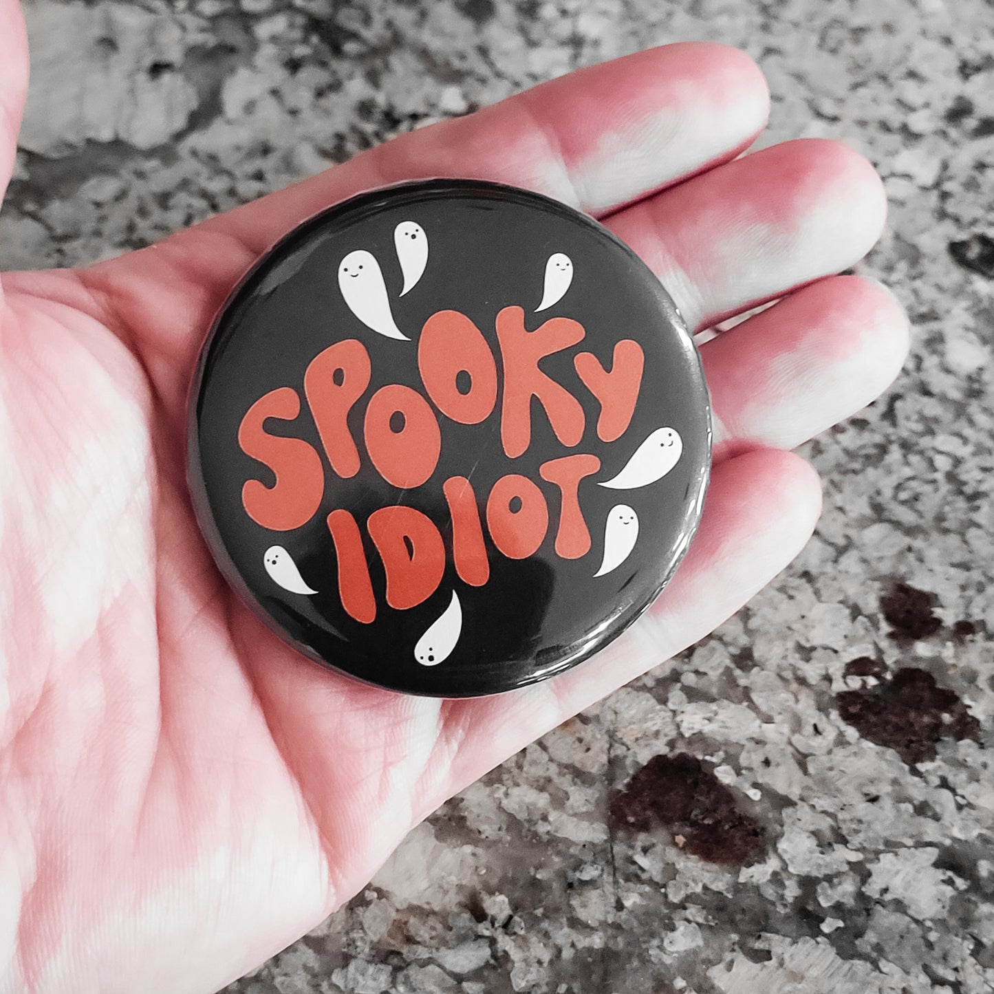 "Spooky Idiot" Pinback Button (Krystan Saint Cat)