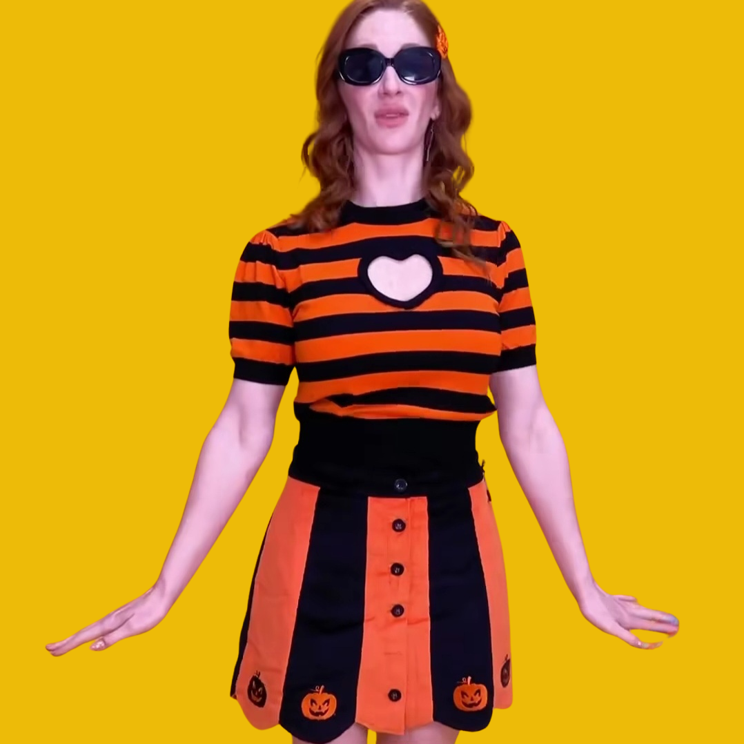Smak Parlour 1960s Orange & Black Pumpkin Scallop Corduroy Denim Mini Skirt