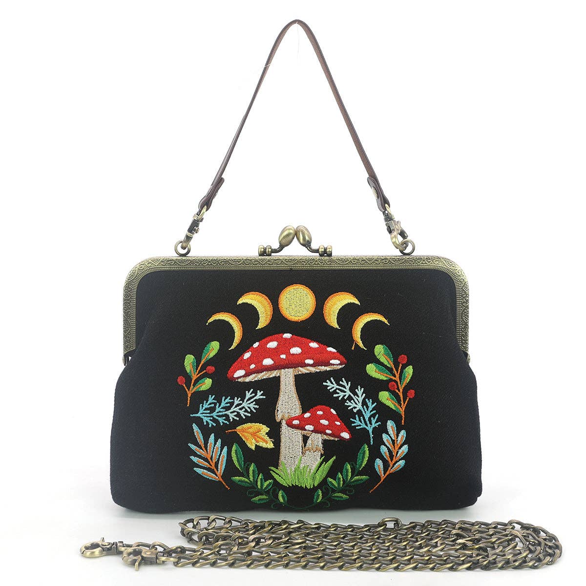 Celestial Mushroom Kiss Lock Bag in Linen Cotton Blend Material