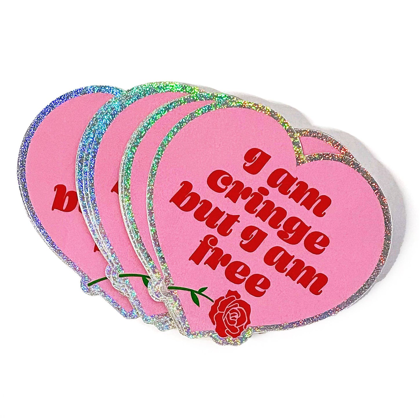 "I Am Cringe But I Am Free" Heart Shaped Glitter Sticker (Krystan Saint Cat)