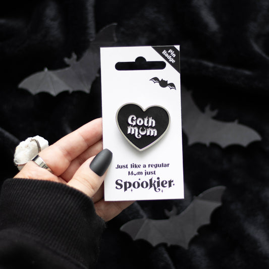 Goth Mum Mom Black Heart Pin Badge