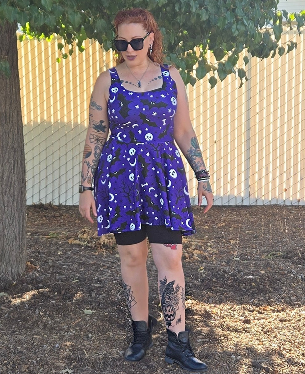Purple Halloween Night Skulls And Bats - Women's Skater Dress