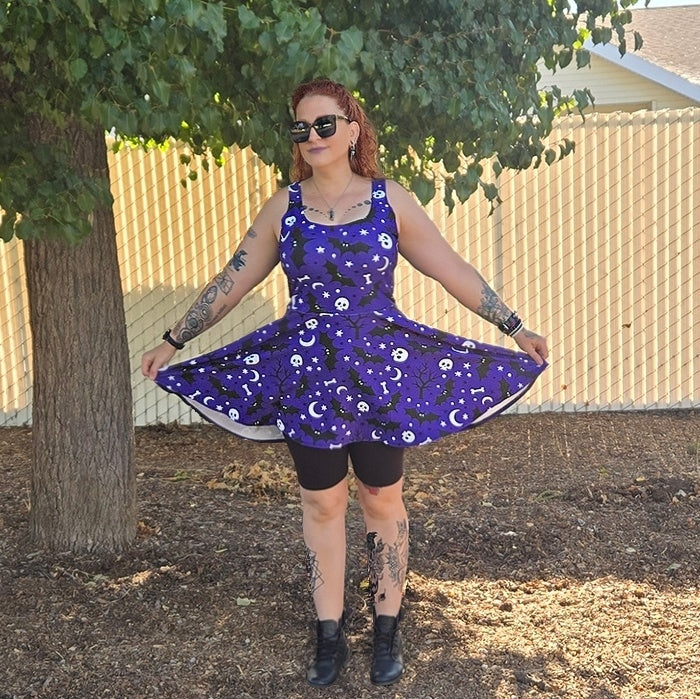 Purple Halloween Night Skulls And Bats - Women's Skater Dress