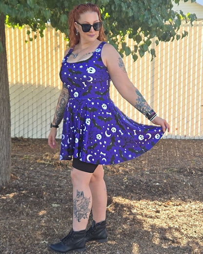 Purple Halloween Night Skulls And Bats - Women's Skater Dress
