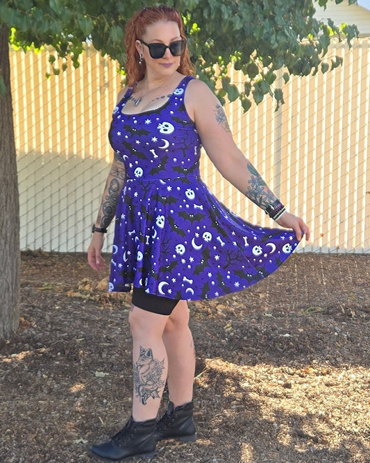 Purple Halloween Night Skulls And Bats - Women's Skater Dress